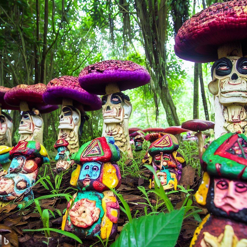 Ritual espiritual utilizando cogumelos mágicos, buscando conexão com a natureza divina.